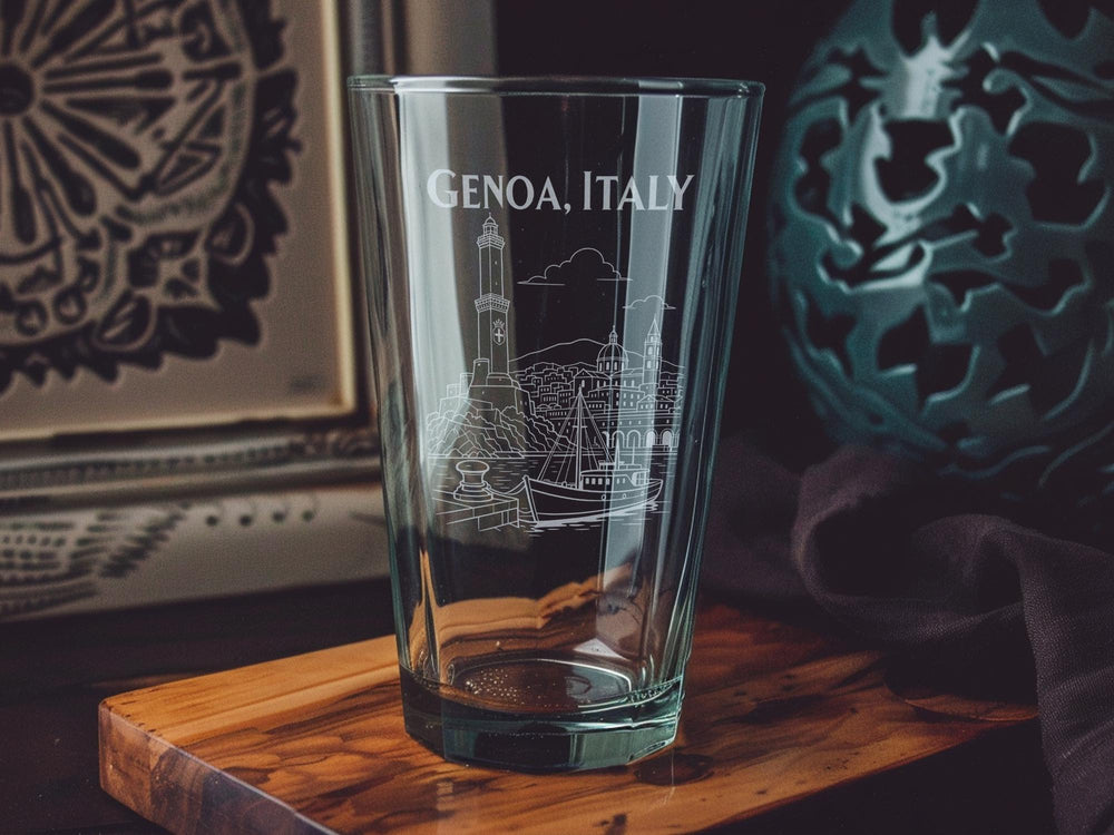 Genoa Italy Pint Glass, Genoa Skyline Souvenir Beer Glass, Liguria Travel Gift, Italian Coastal City Drinkware, Genova Italy Glass