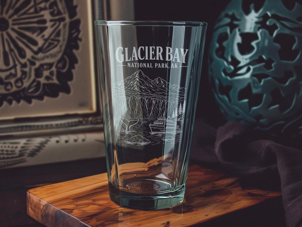 Glacier Bay National Park Alaska Pint Glass, Glacier Bay AK Souvenir Beer Glass, National Park Gift, Alaska Travel Keepsake