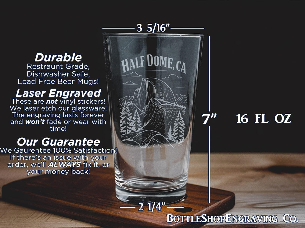Half Dome California Pint Glass, Yosemite National Park Mountain Landscape Beer Glass, Hiking Camper Gift Souvenir Drinkware