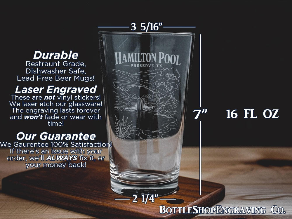 Hamilton Pool Preserve Texas Pint Glass, Hamilton Pool Travis County Souvenir Glass, Texas Hill Country Travel Gift, Austin TX Keepsake Cup