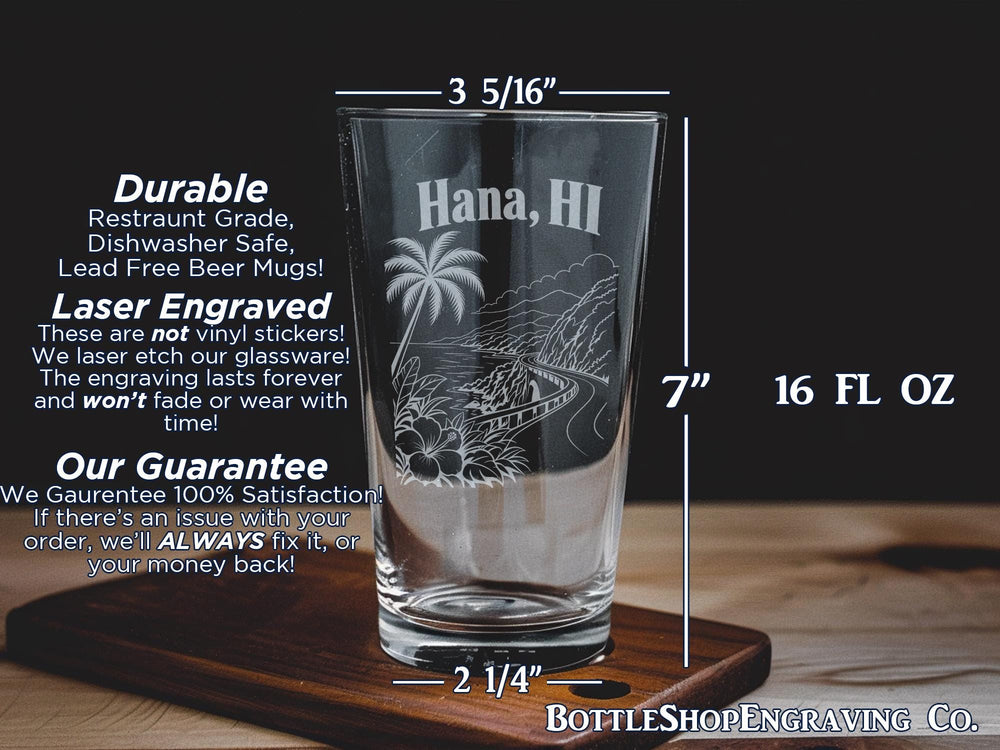 Hana Hawaii Pint Glass, Tropical Island Flower Design Drinking Glass, Hawaiian Vacation Souvenir Barware Gift