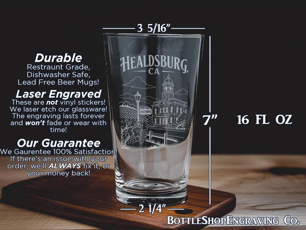 Healdsburg CA Pint Glass, Healdsburg California Souvenir Beer Glass, Sonoma County Wine Country Gift, Healdsburg Travel Keepsake