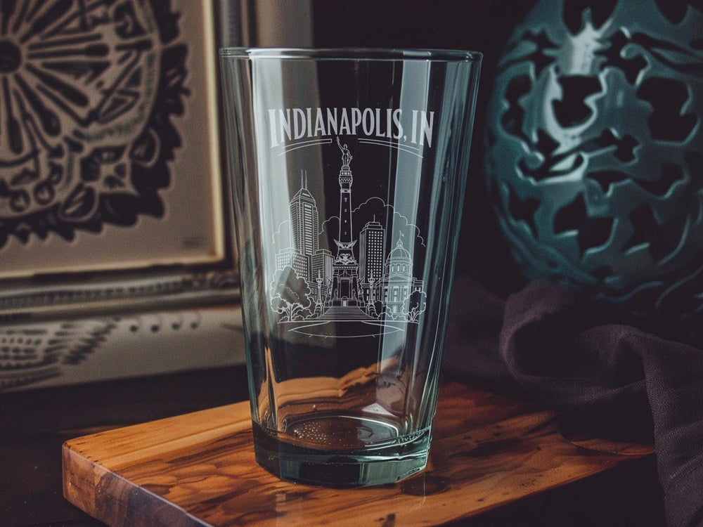 Indianapolis IN Pint Glass, Indianapolis Indiana Souvenir Beer Glass, Indy Skyline Landmark Drinkware, Indiana Gift for Him or Her