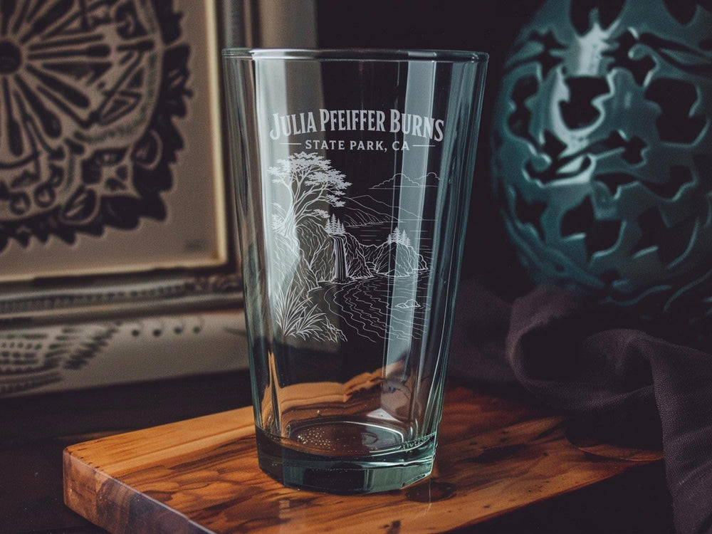 Julia Pfeiffer Burns State Park CA Pint Glass, Big Sur California Souvenir Glass, State Park Travel Gift, Coastal Landmark Drinkware