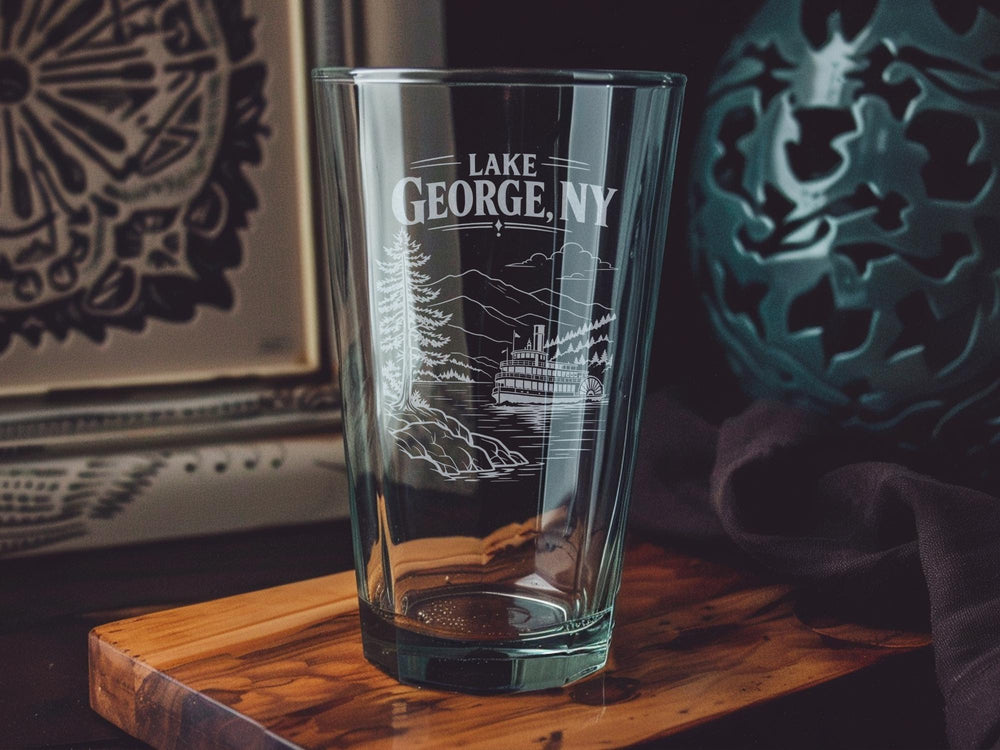 Lake George NY Pint Glass, Adirondack Lake Souvenir Glass, New York Vacation Drinkware, Lake George Gift, Upstate NY Keepsake