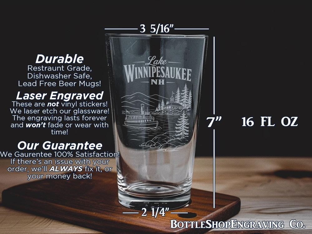 Lake Winnipesaukee NH Pint Glass, New Hampshire Lake Souvenir Glass, Lakeside Vacation Gift, Winnipesaukee Drinking Glass