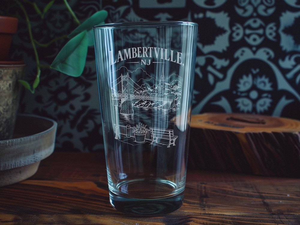 Lambertville NJ Pint Glass, Lambertville New Jersey Souvenir Beer Glass, Delaware River Town Gift, Travel Keepsake Glassware