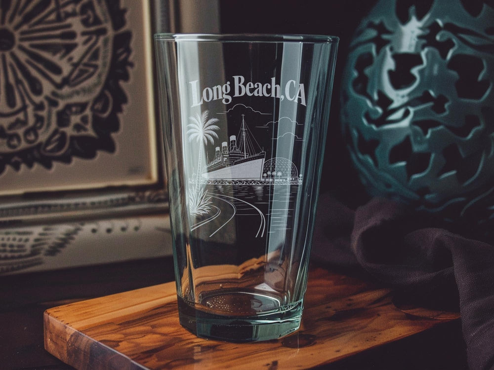 Long Beach CA Pint Glass, Long Beach California Souvenir Beer Glass, Coastal City Travel Gift, Beach Town Barware Cup