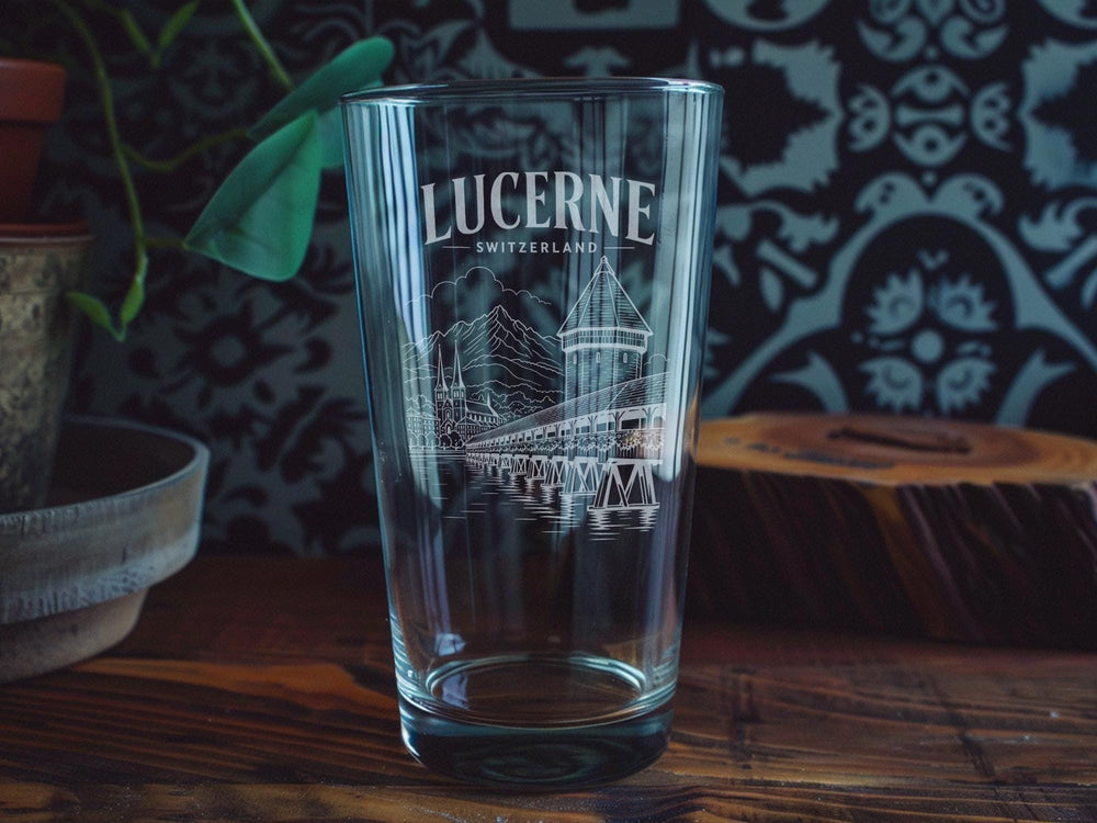 Lucerne Switzerland Pint Glass, Lake Lucerne Souvenir Beer Glass, Swiss Alps Travel Gift, Switzerland Drinkware, Lucerne Gift