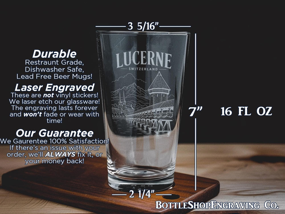 Lucerne Switzerland Pint Glass, Lake Lucerne Souvenir Beer Glass, Swiss Alps Travel Gift, Switzerland Drinkware, Lucerne Gift