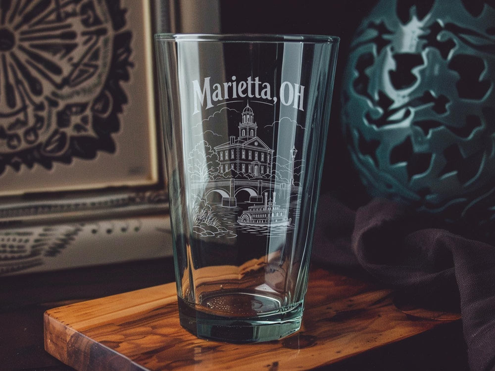 Marietta OH Pint Glass, Marietta Ohio Souvenir Beer Glass, Marietta OH Travel Gift, Ohio River Town Keepsake Glass