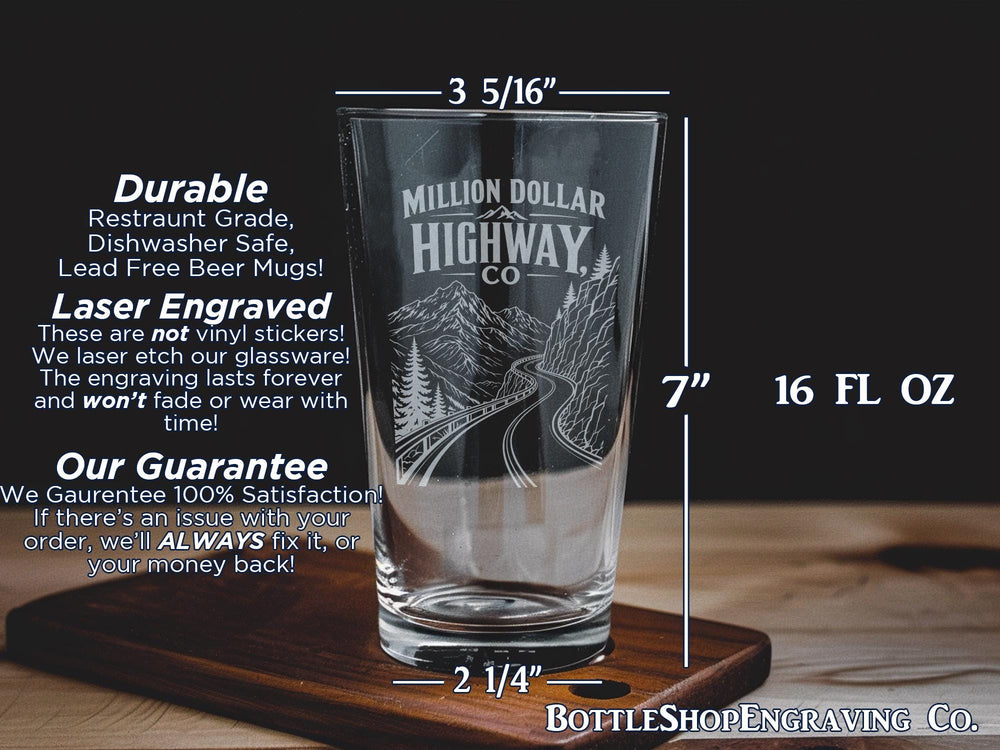 Million Dollar Highway Colorado Pint Glass, Scenic Mountain Road Souvenir Glass, CO Travel Gift, Durango Ouray Highway 550 Drinkware