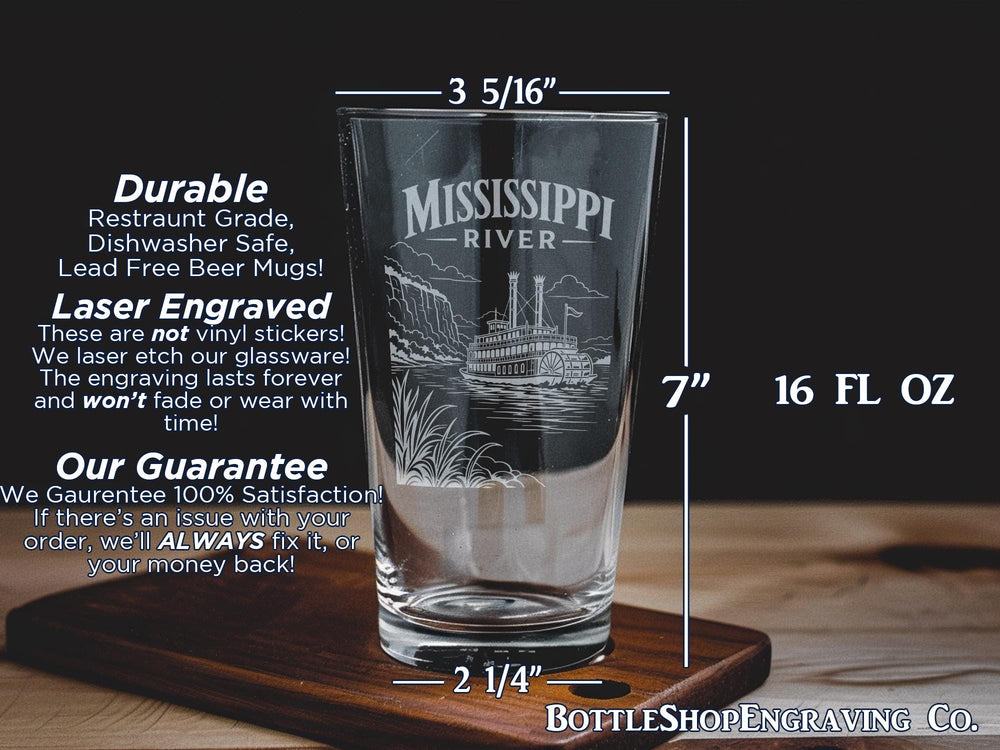 Mississippi River Pint Glass, Mississippi River Map Glass, River Landmark Souvenir Drinkware, Mississippi River Gift