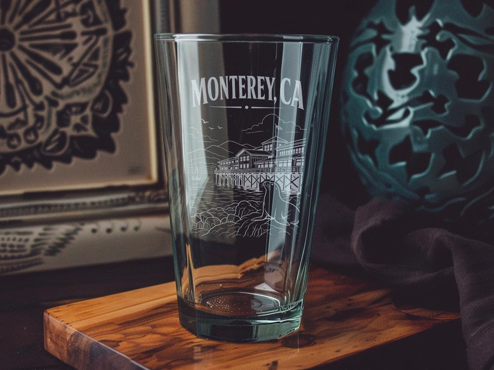 Monterey CA Pint Glass, Monterey California Souvenir Beer Glass, Coastal City Travel Gift, California Coast Drinkware