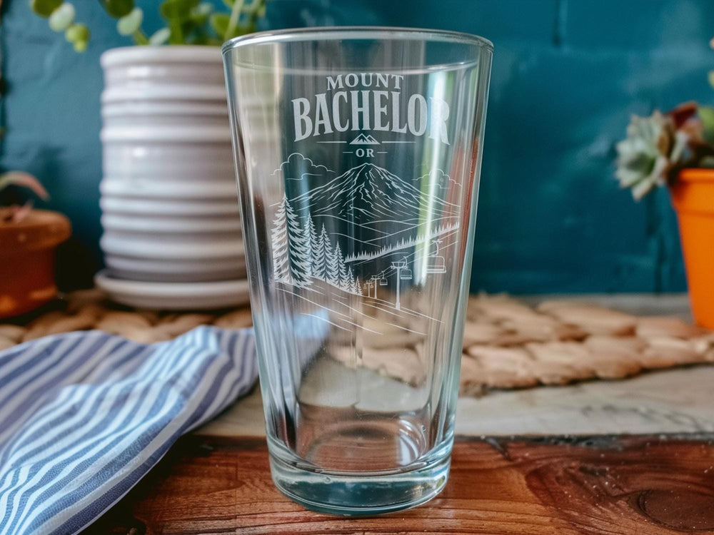 Mount Bachelor Oregon Pint Glass, Mt Bachelor OR Souvenir Beer Glass, Bend Oregon Ski Resort Mountain Drinkware Gift