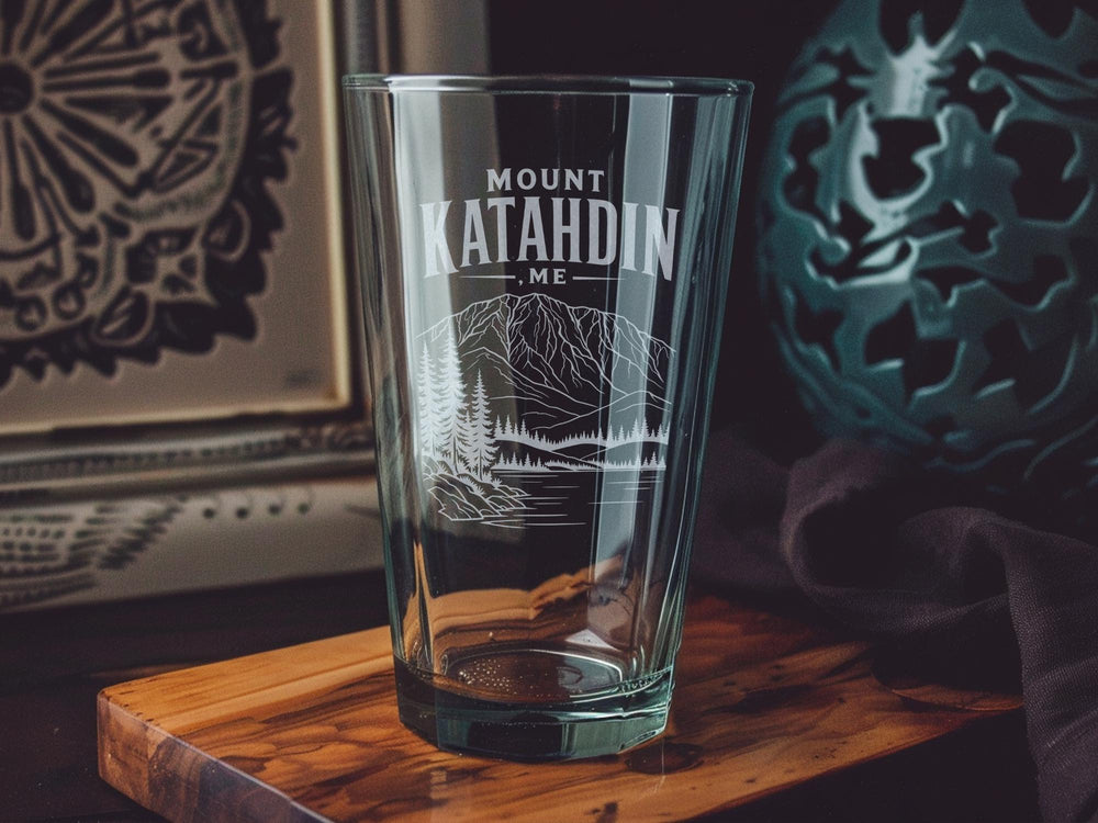Mount Katahdin Maine Pint Glass, Baxter State Park Souvenir Beer Glass, Maine Mountain Hiking Camping Gift