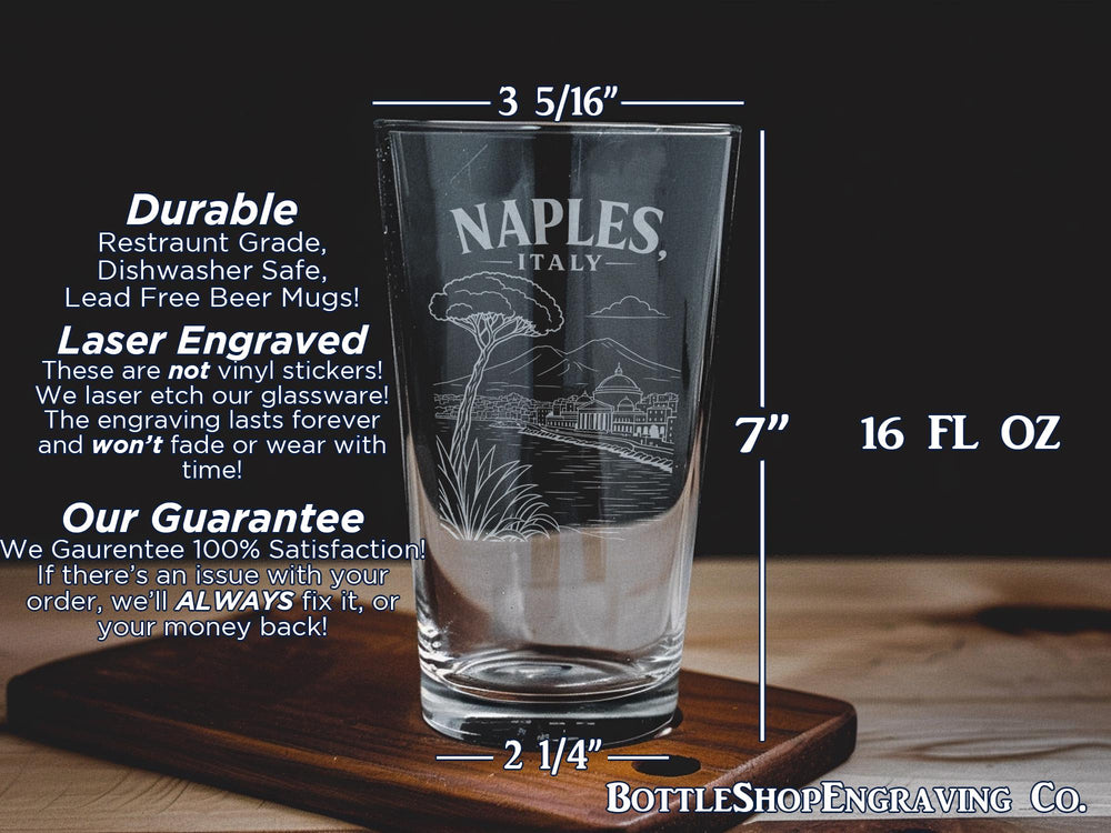 Naples Italy Pint Glass, Naples Souvenir Beer Glass, Italian Travel Gift, Naples City Drinkware, Italy Vacation Keepsake Glass