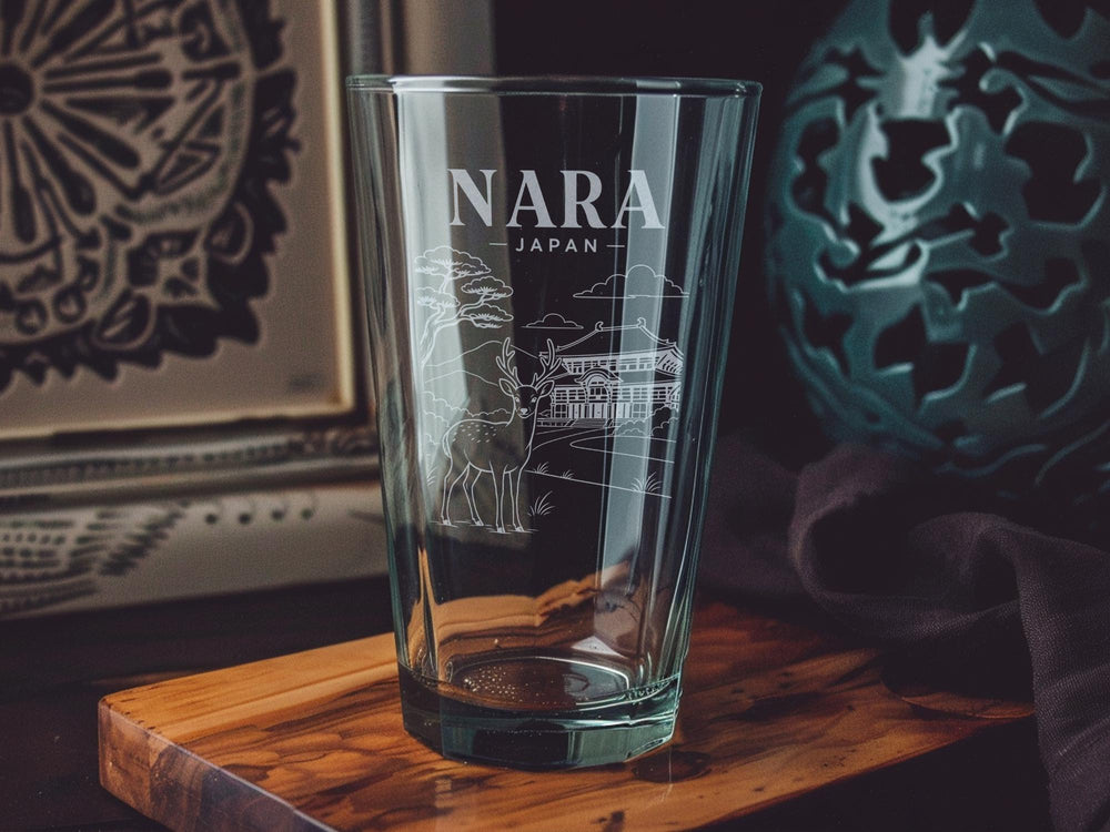 Nara Japan Pint Glass, Nara Deer Park Souvenir Glass, Todai-ji Temple and Great Buddha Landmark Drinkware, Japan Travel Gift