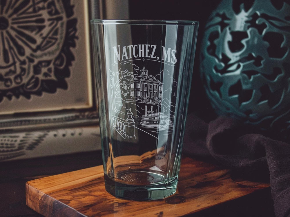 Natchez MS Pint Glass, Natchez Mississippi Souvenir Glass, Mississippi River Town Travel Gift, Natchez Landmark Keepsake Drinkware