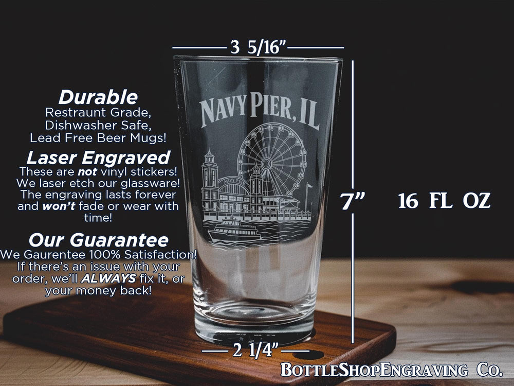 Navy Pier Illinois Pint Glass, Chicago Landmark Souvenir Drinkware, Lake Michigan Waterfront Attraction Gift