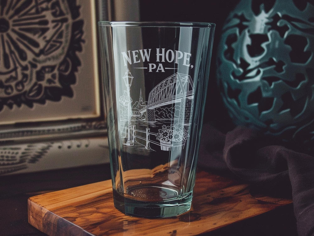 New Hope PA Pint Glass, New Hope Pennsylvania Souvenir Beer Glass, Delaware River Town Gift, Bucks County Travel Keepsake Glass