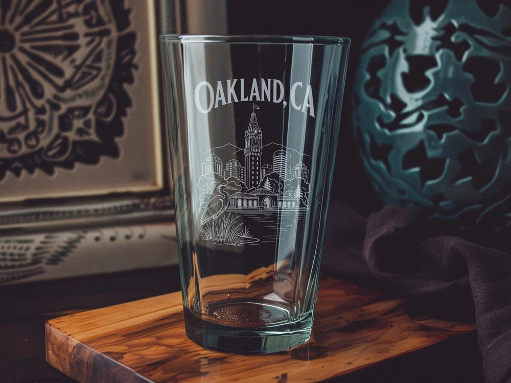 Oakland CA Pint Glass, Oakland California Souvenir Beer Glass, Bay Area Skyline Drinkware, Oakland Cityscape Bar Glass