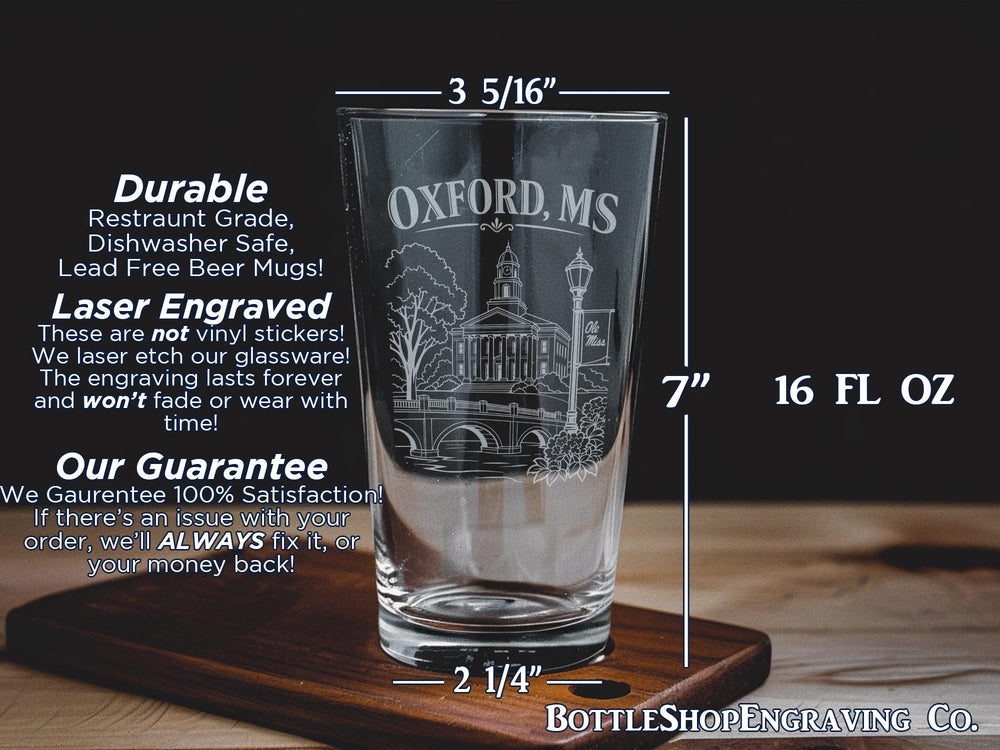 Oxford, Mississippi Pint Glass Souvenir Drinkware, Oxford MS Travel Gift, Ole Miss Town Keepsake Glass