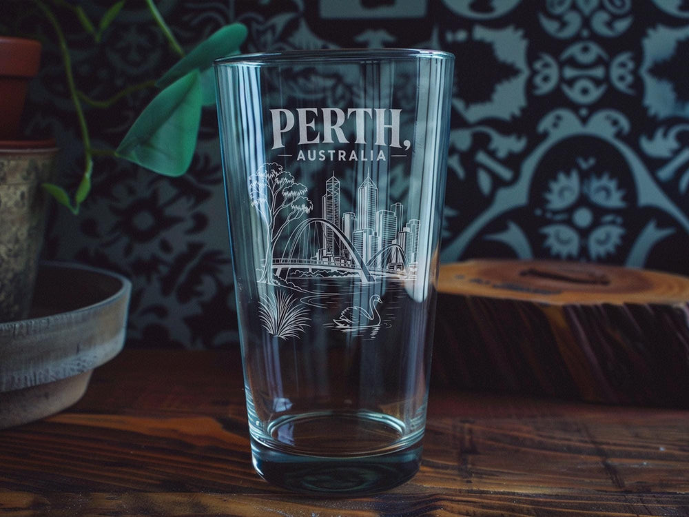 Perth Australia Pint Glass, Perth Skyline Souvenir Beer Glass, Western Australia Travel Gift, Perth City Landmark Drinkware