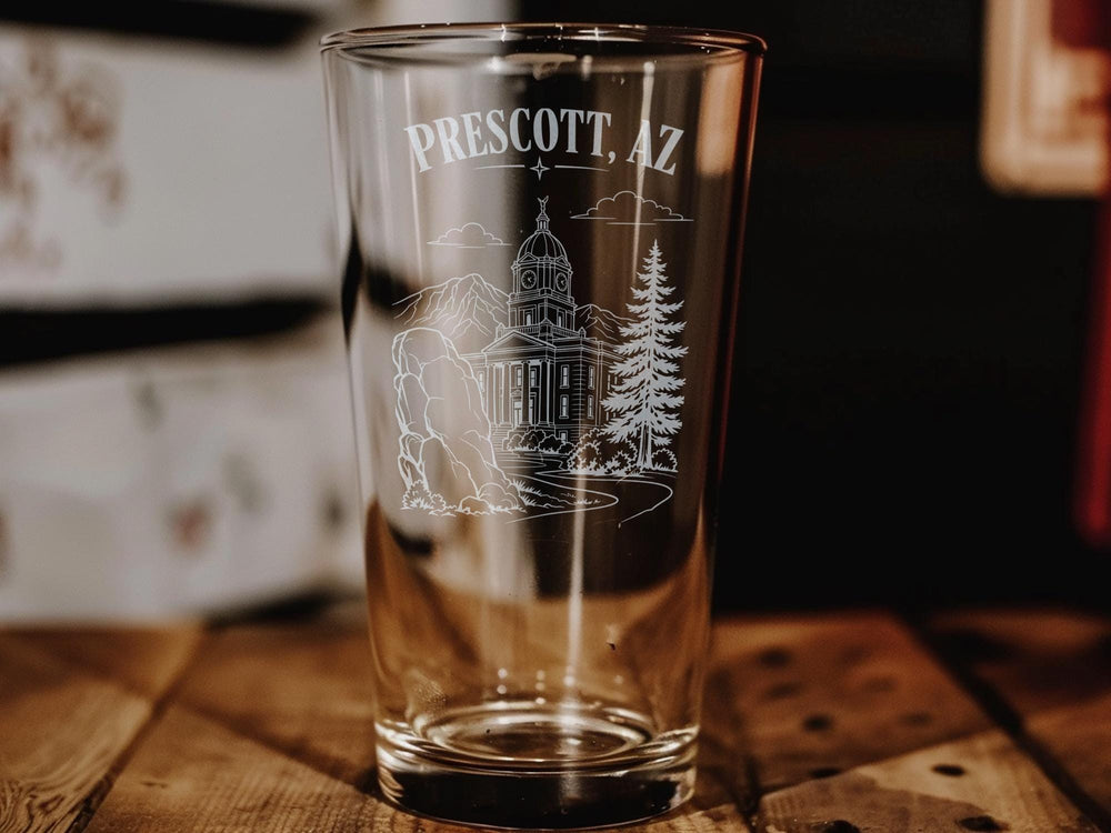 Prescott AZ Pint Glass, Prescott Arizona Souvenir Beer Glass, Downtown Prescott Travel Gift, Arizona Barware, City Pride Glassware