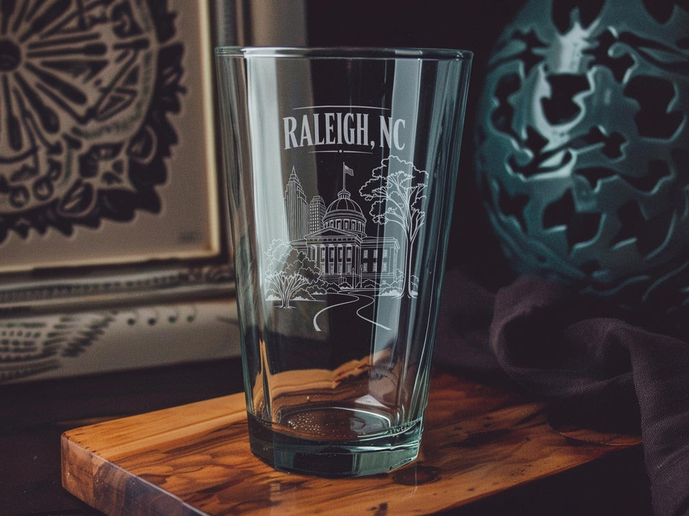 Raleigh NC Pint Glass, Raleigh North Carolina Skyline Souvenir Beer Glass, Downtown Raleigh Travel Gift, City Landmark Drinkware