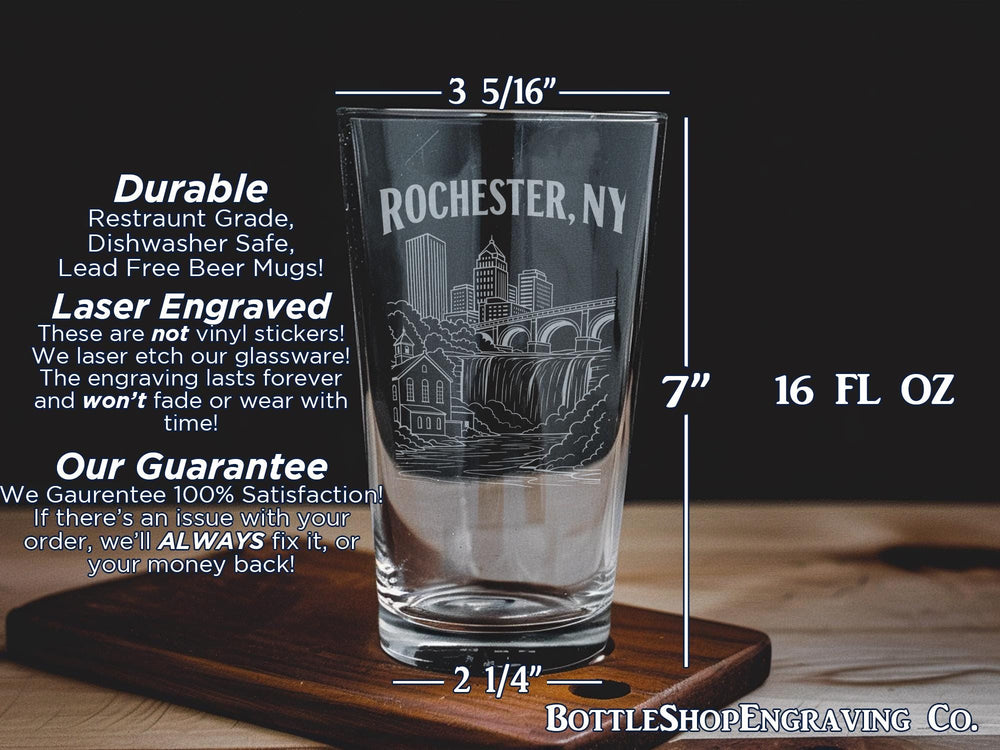 Rochester NY Pint Glass, Rochester New York Souvenir Beer Glass, Upstate NY Travel Gift, City Pride Drinkware