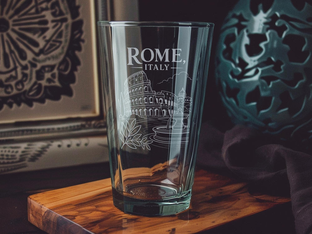 Rome Italy Pint Glass, Rome Travel Souvenir Drinkware, Italian Vacation Gift, Rome Landmark Cityscape Beer Glass