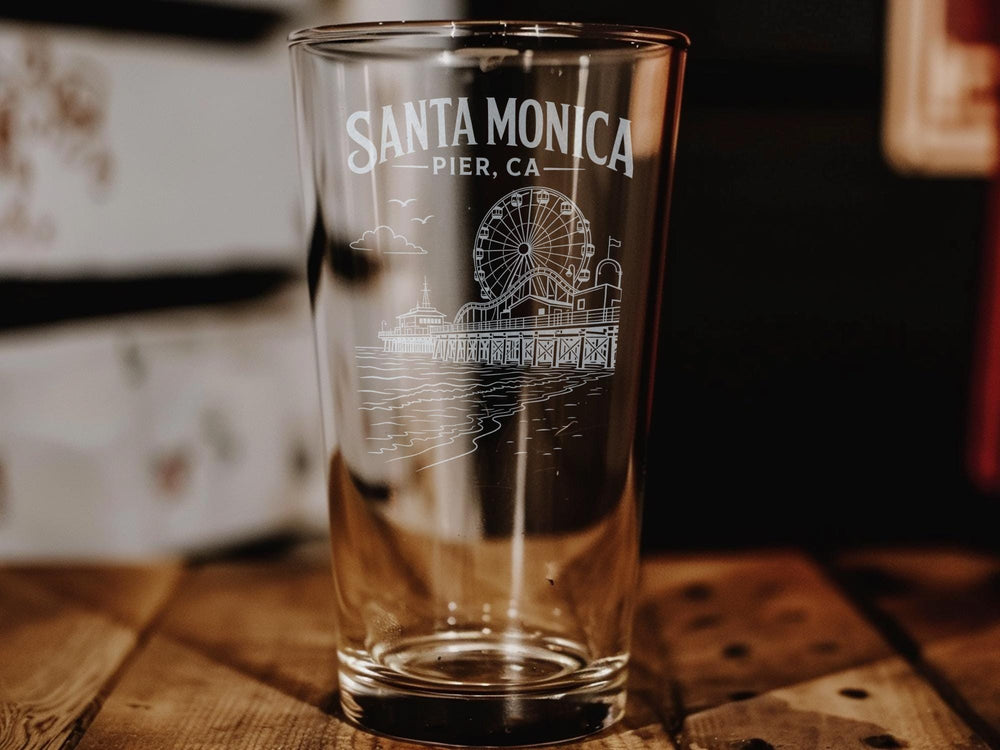 Santa Monica Pier CA Pint Glass, California Beach Souvenir Glass, Pacific Park Landmark Drinkware, Coastal Bar Glass Gift