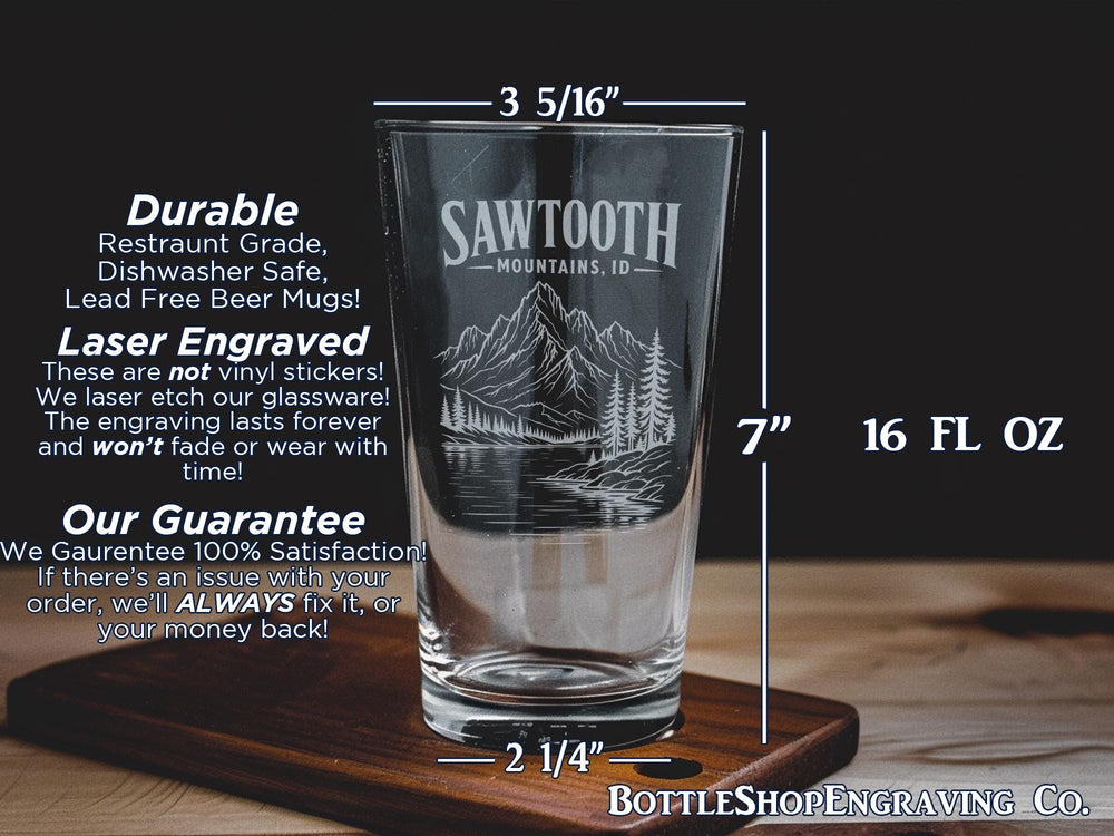 Sawtooth Mountains Idaho Pint Glass, Stanley Lake Mountain Scenic Drinking Glass, Idaho Souvenir Barware Gift
