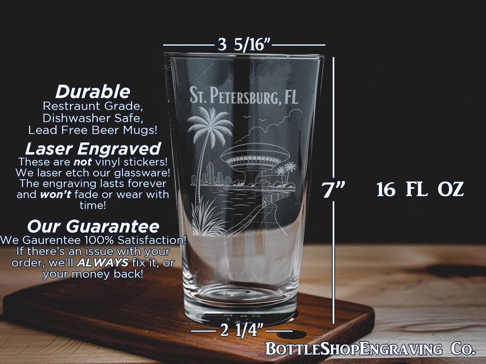 St Petersburg FL Pint Glass, Florida Souvenir Beer Glass, St Pete Florida Travel Gift, Coastal City Keepsake Glassware