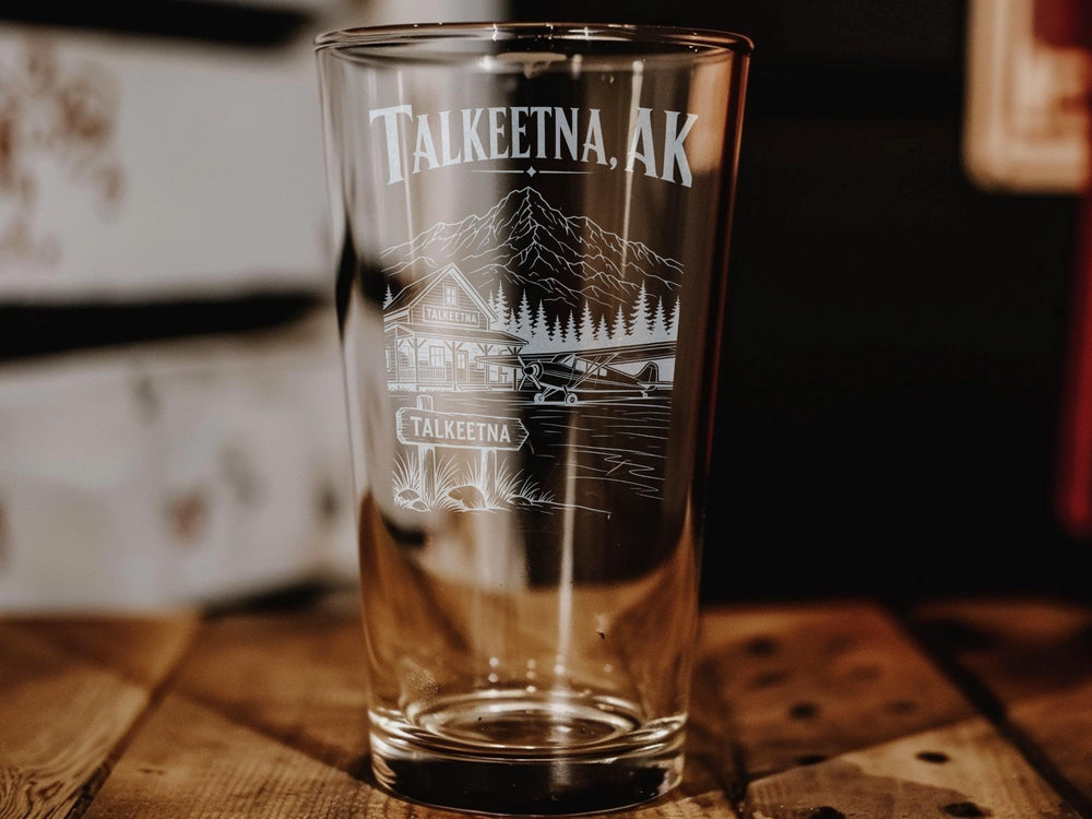Talkeetna Alaska Pint Glass, Talkeetna AK Souvenir Beer Glass, Alaska Travel Gift, Denali Gateway Tumbler, Mountain Town Drinkware