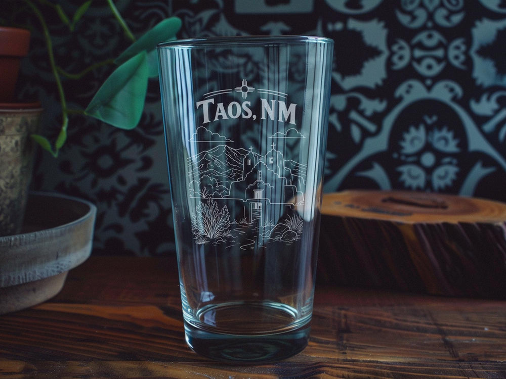 Taos NM Pint Glass, Taos New Mexico Souvenir Beer Glass, Taos Travel Gift, Southwest Mountain Town Keepsake Glass