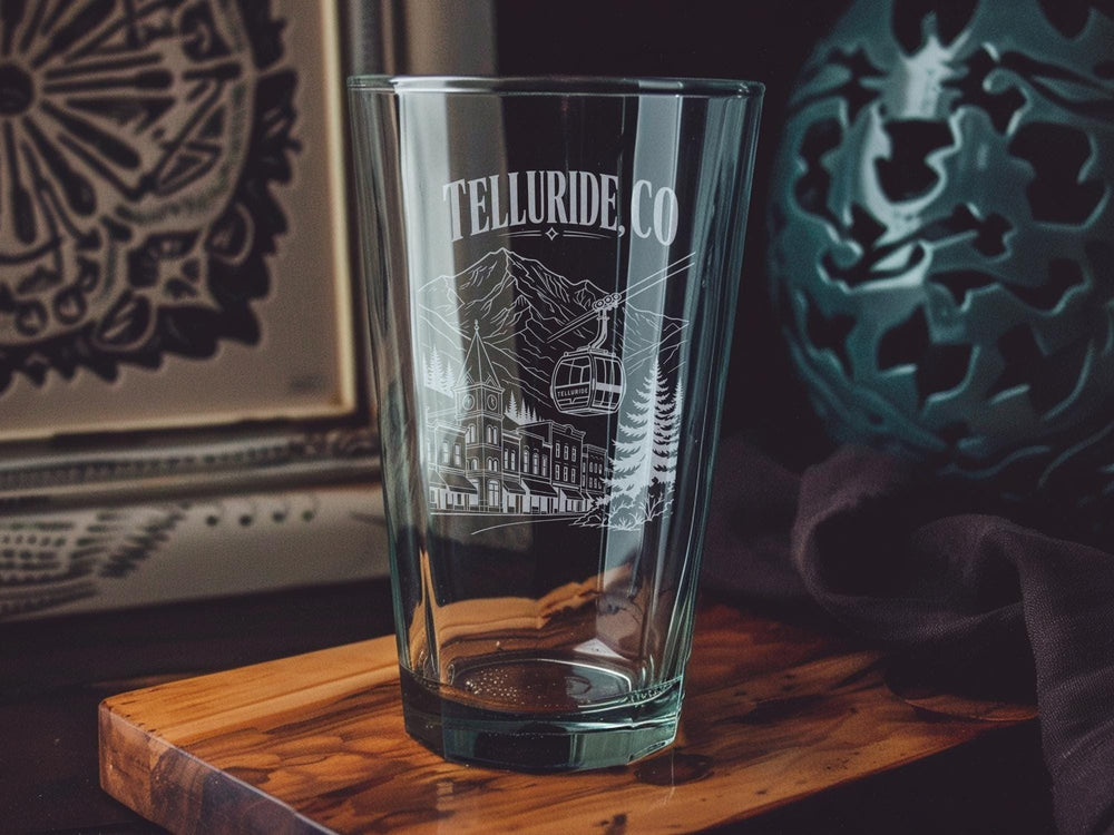 Telluride Colorado Pint Glass, Telluride CO Souvenir Beer Glass, Mountain Town Travel Gift, Colorado Drinkware