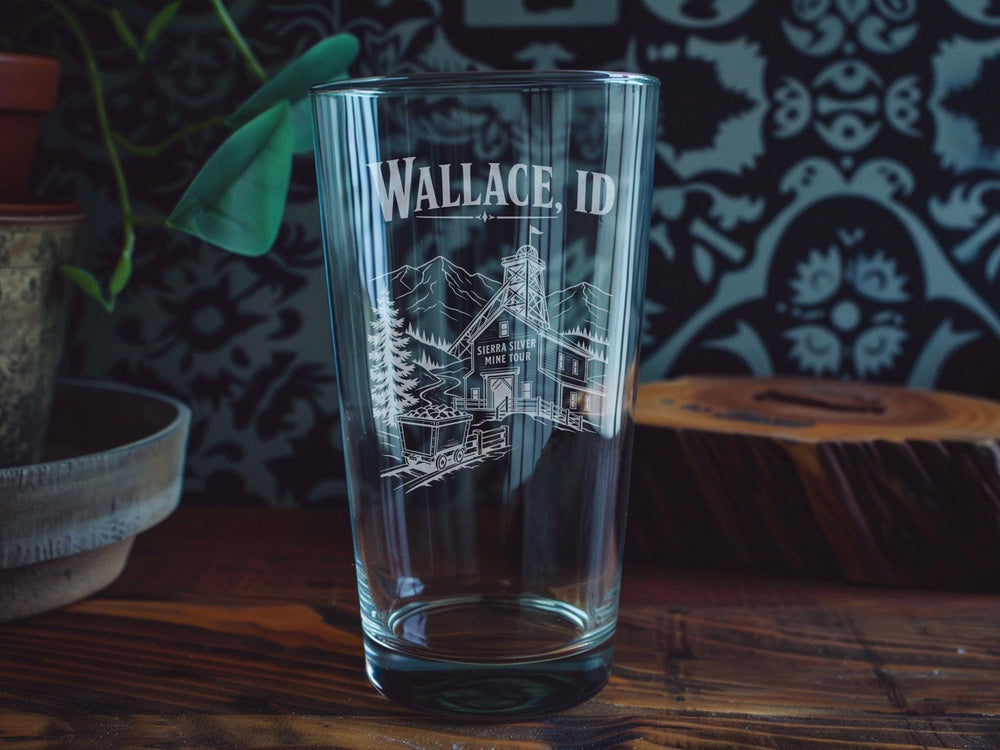 Wallace ID Pint Glass, Wallace Idaho Souvenir Beer Glass, Idaho Travel Gift, Scenic Wallace Idaho Glassware, Mountain Town Drinkware