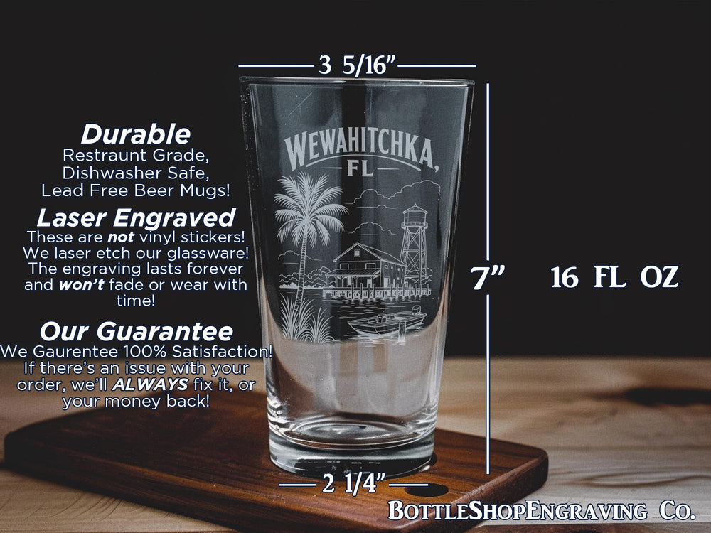 Wewahitchka Florida Pint Glass, Wewahitchka FL Souvenir Beer Glass, Gulf County Florida Travel Gift Glassware