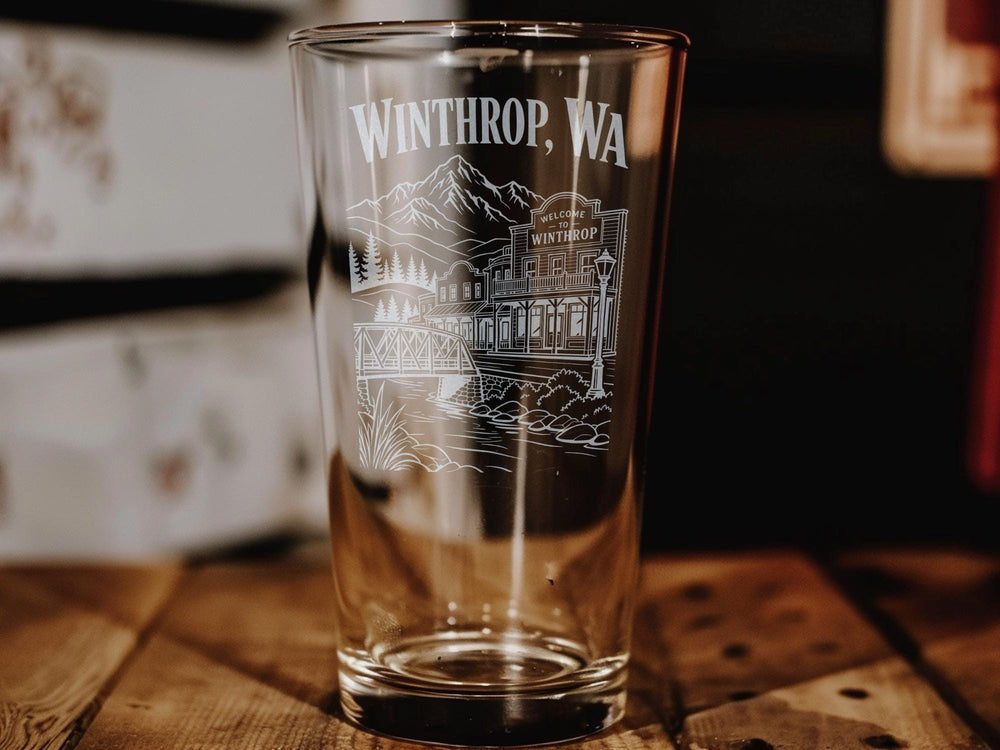 Winthrop WA Pint Glass, Winthrop Washington Souvenir Drinkware, Methow Valley Gift, Pacific Northwest Travel Keepsake Glass