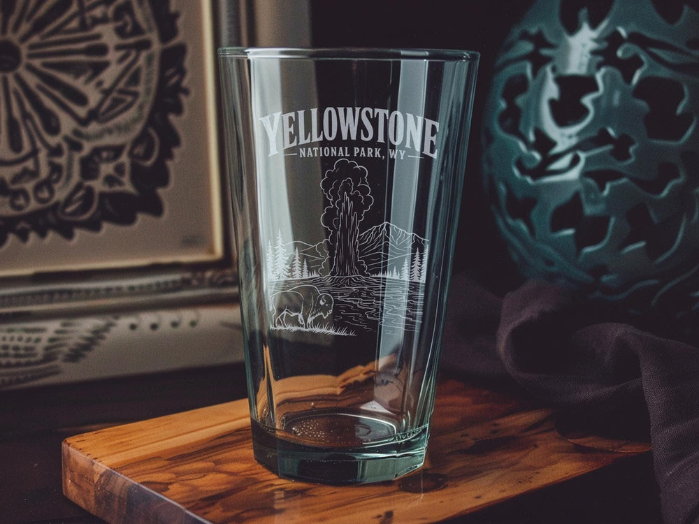 Yellowstone National Park Wyoming Pint Glass, Yellowstone Souvenir Beer Glass, Jackson Hole WY Travel Gift, National Park Glassware