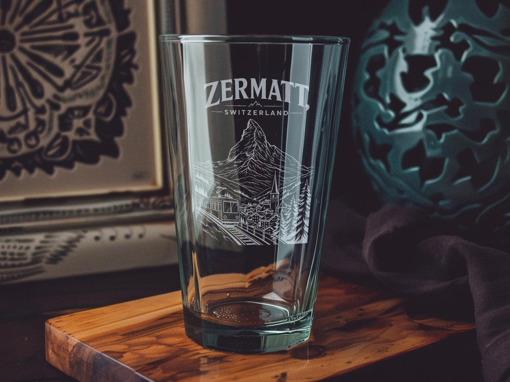 Zermatt Switzerland Pint Glass, Matterhorn Mountain Souvenir Beer Glass, Alpine Village Travel Gift, Swiss Alps Barware