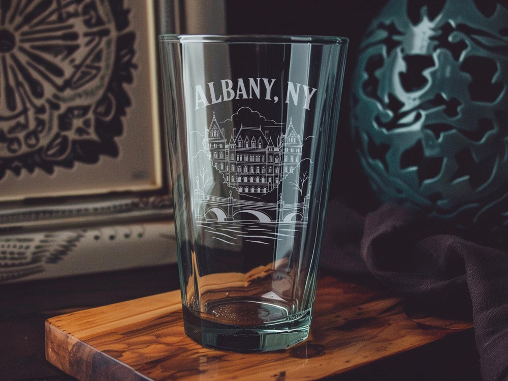 Albany NY Pint Glass, Albany New York Souvenir Beer Glass, Capital City Drinkware, Upstate NY Gift, Albany Skyline Pint Glass