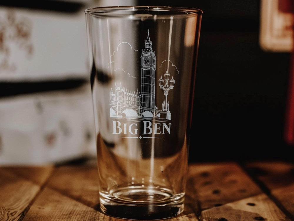 Big Ben London Pint Glass, UK Landmark Clock Tower Drinkware, Westminster Souvenir Beer Glass Gift