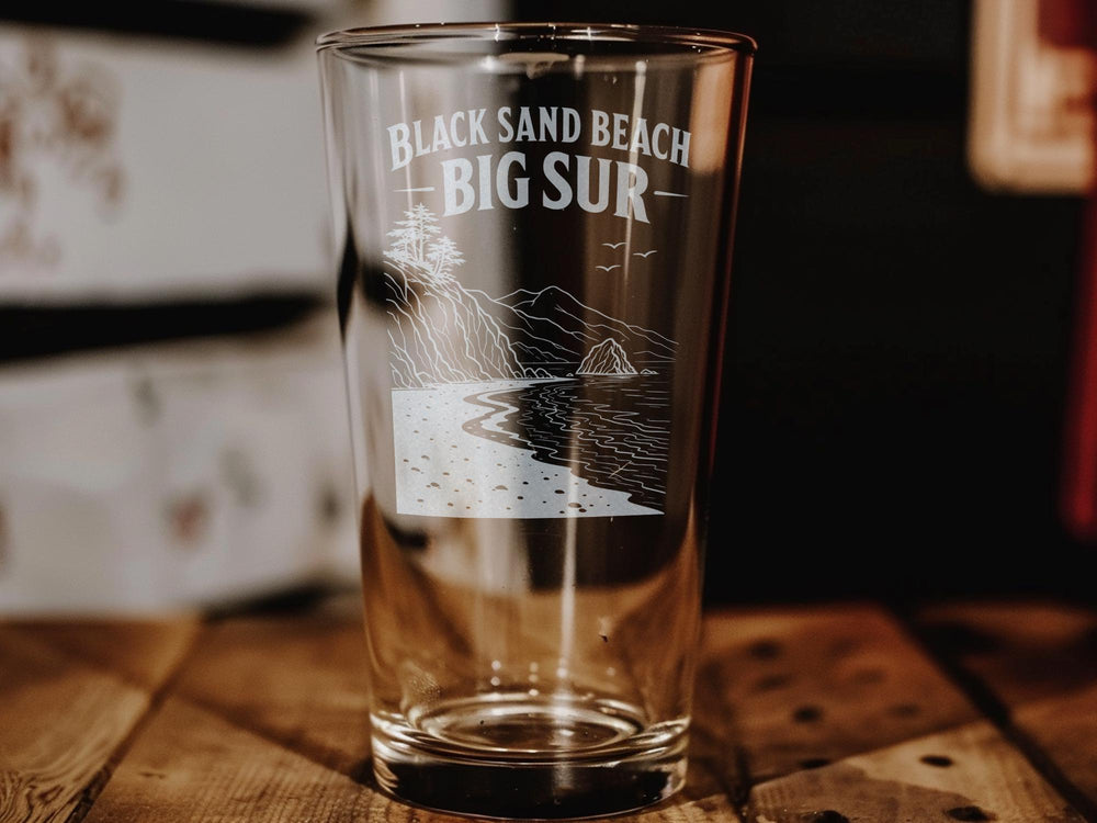 Black Sand Beach Big Sur Pint Glass, California Coast Scenic Souvenir Beer Glass, Big Sur Travel Gift, Coastal Landmark Glassware