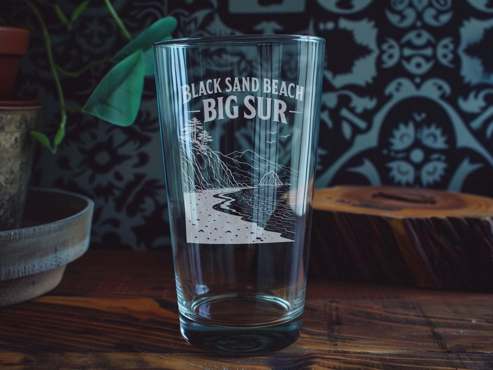 Black Sand Beach Big Sur Pint Glass, California Coast Scenic Souvenir Beer Glass, Big Sur Travel Gift, Coastal Landmark Glassware