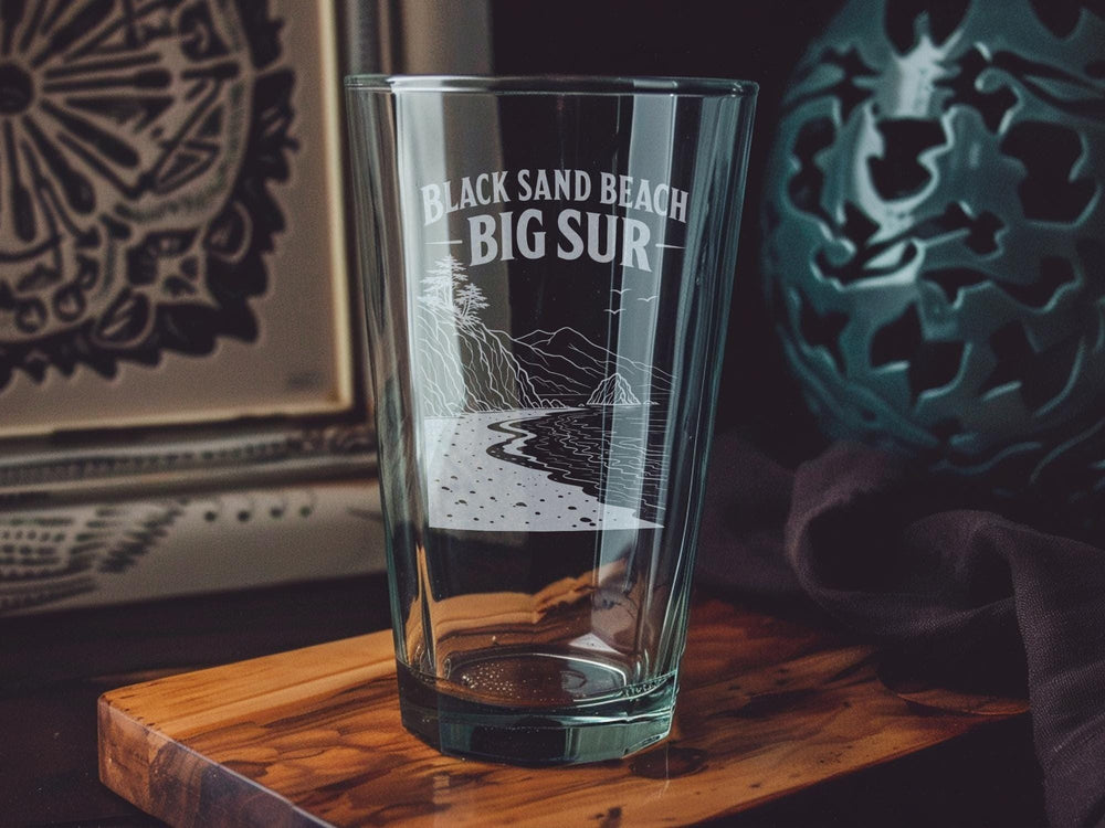 Black Sand Beach Big Sur Pint Glass, California Coast Scenic Souvenir Beer Glass, Big Sur Travel Gift, Coastal Landmark Glassware