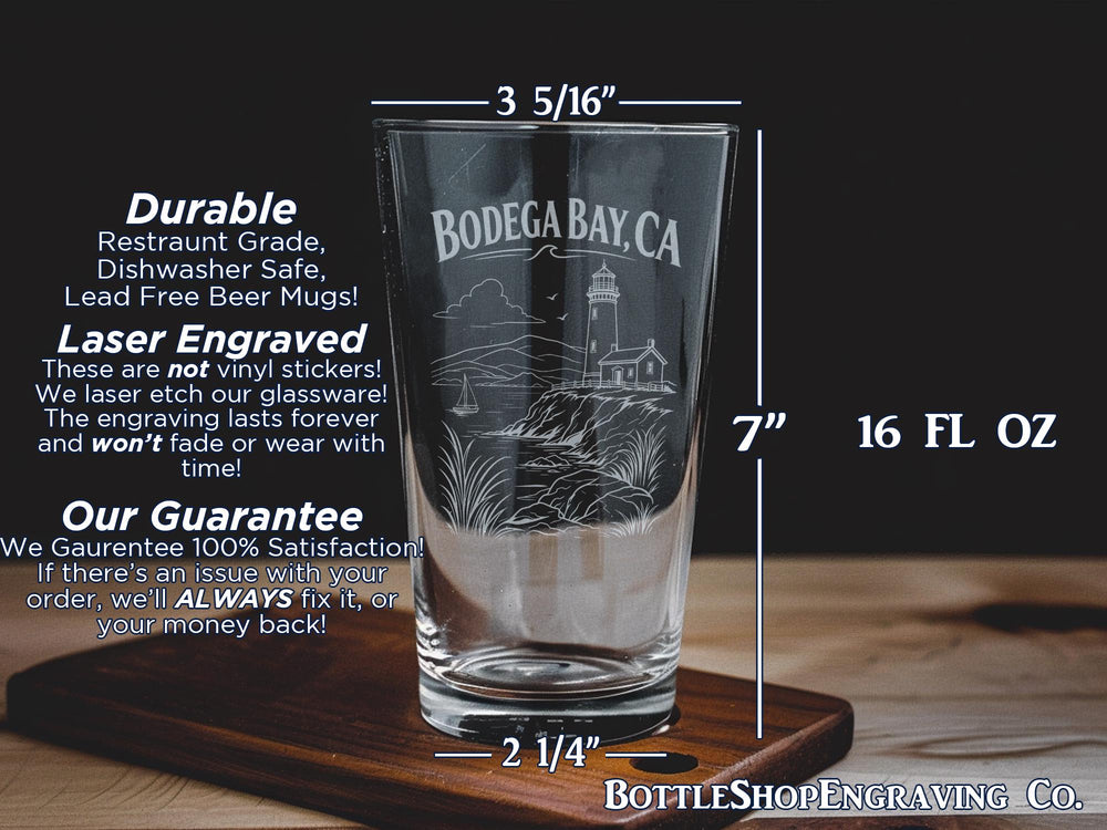 Bodega Bay CA Pint Glass, California Coastal Town Souvenir Beer Glass, Sonoma County Beach Vacation Drinkware Gift