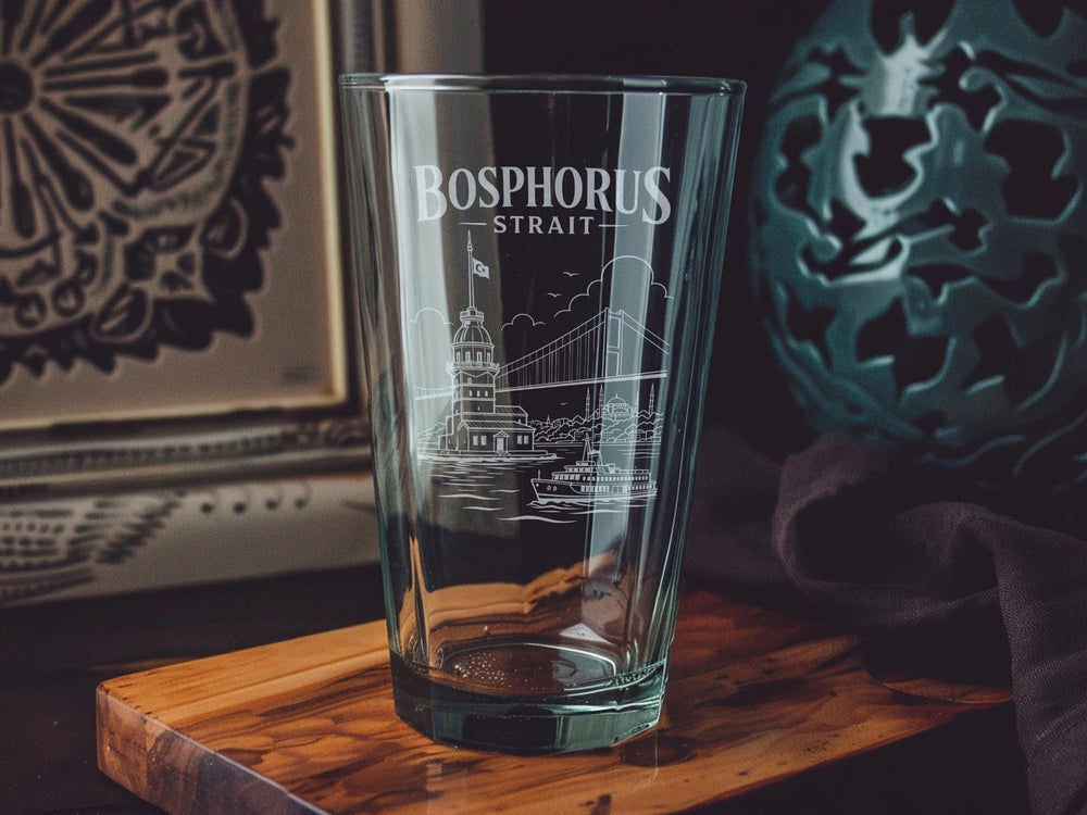 Bosphorus Strait Pint Glass, Istanbul Turkey Waterway Souvenir Drinkware, Scenic Maritime Gift for Travelers
